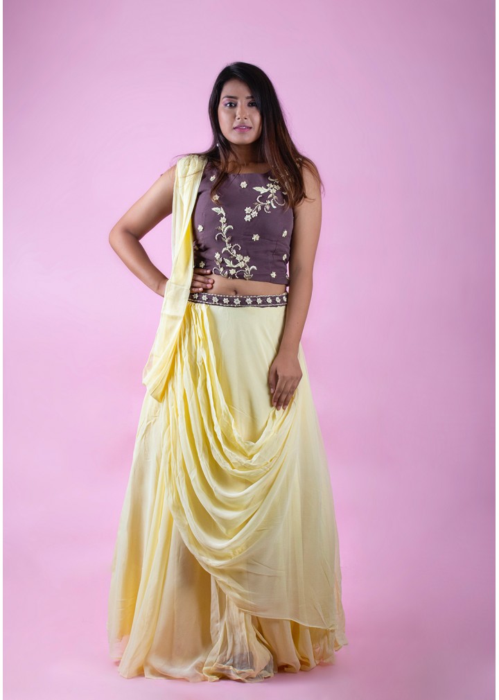  Yellow-Coffee Crop Top Gown