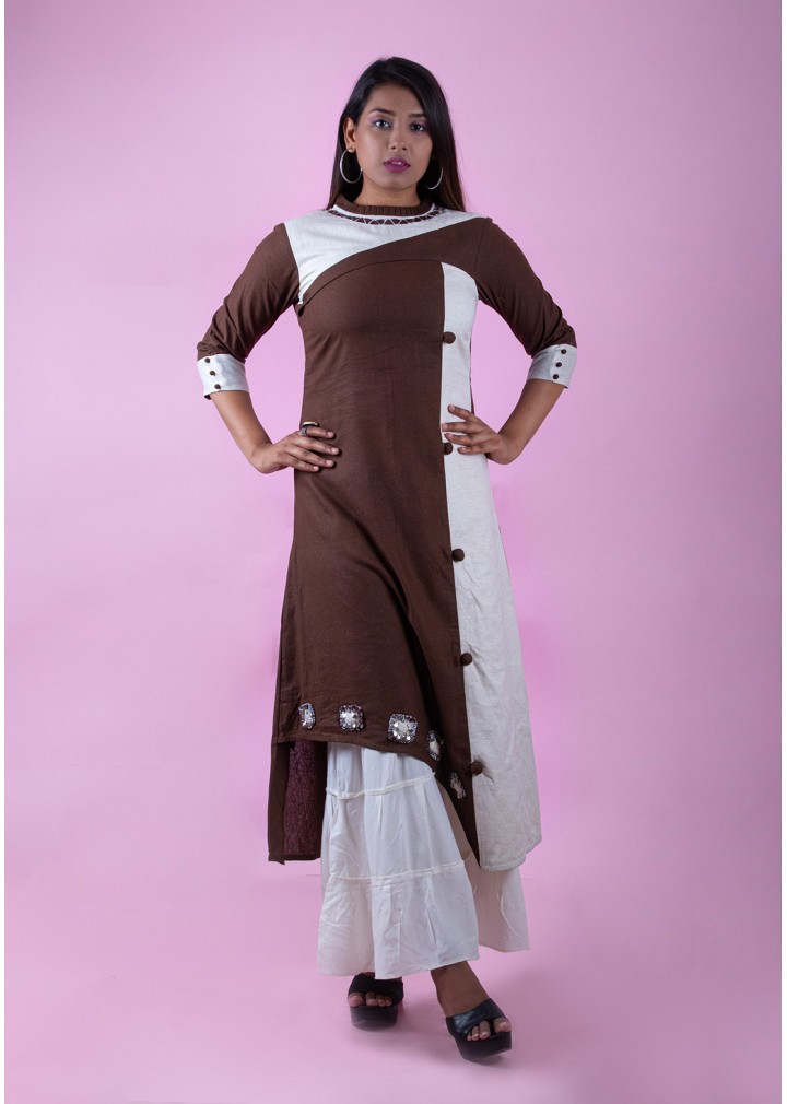  Coffee & White Long Kurti